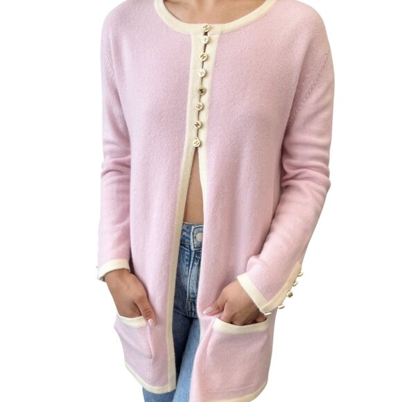 CHANEL Vintage 96C Long Cardigan #42 Knit Sweater Button Pink Cream [105823] - Picture 1 of 13